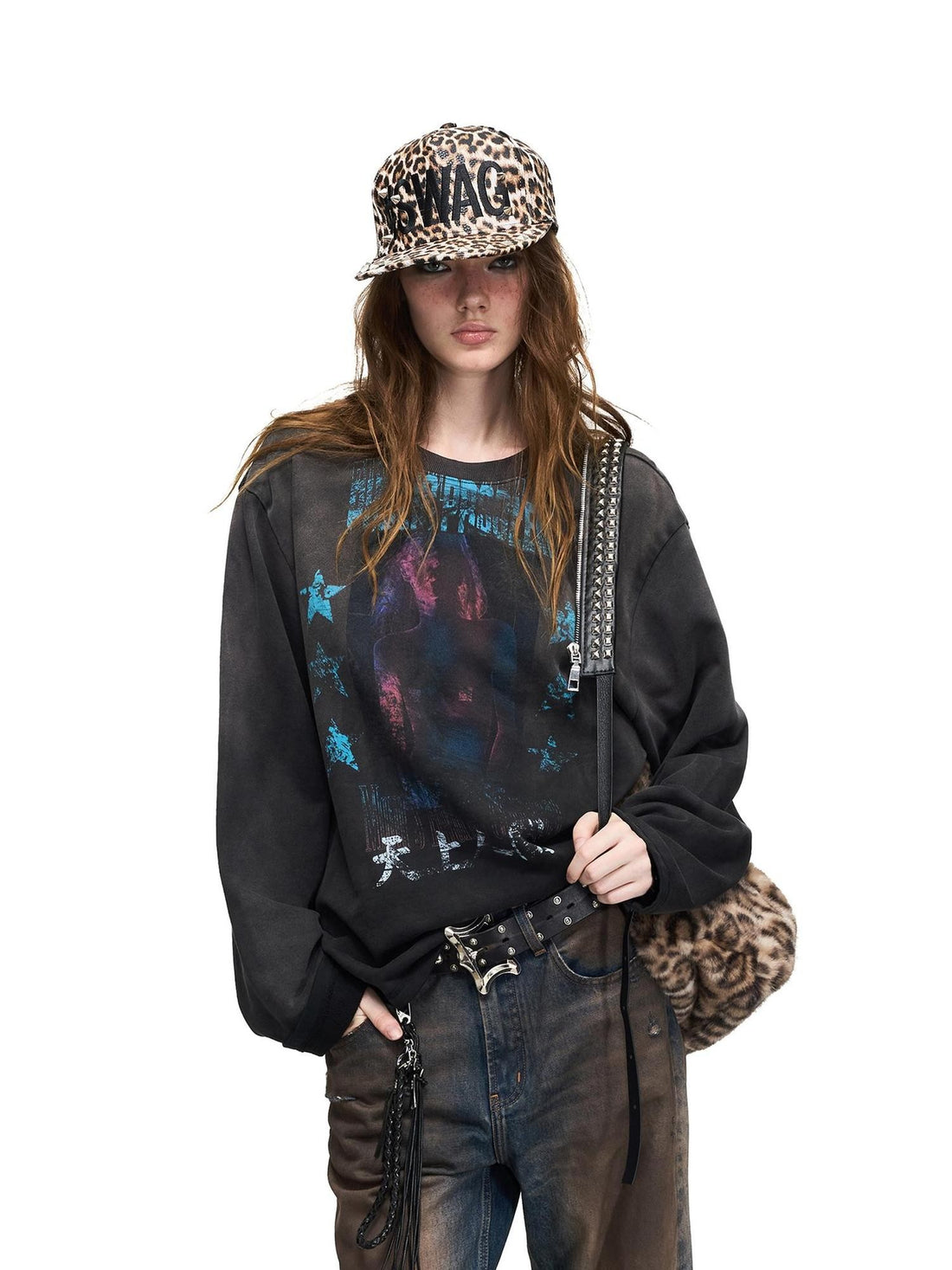 PEOPLESENSE Distressed Contrast Print Portrait Loose Fit Women&