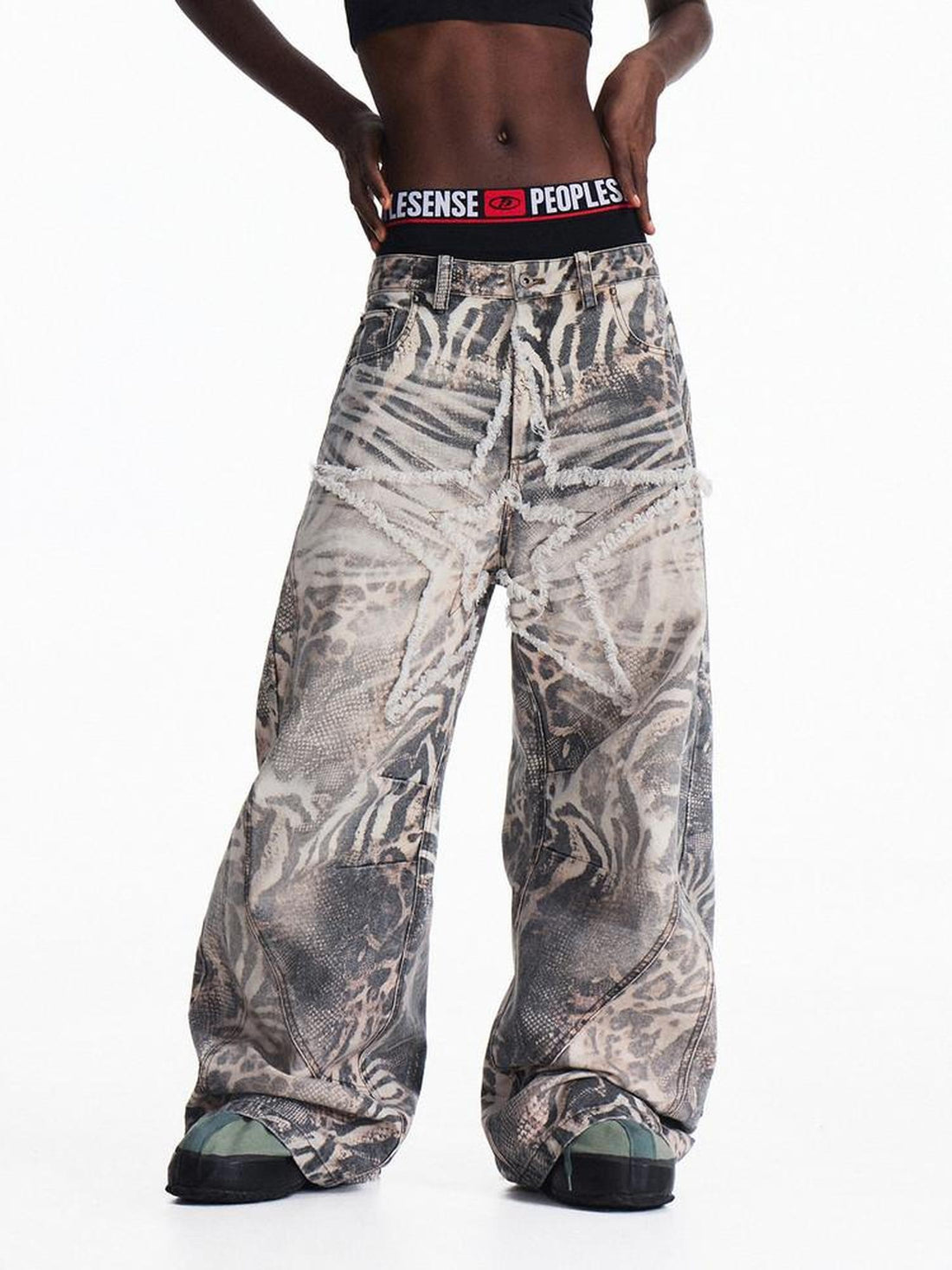 PEOPLESENSE Distressed Gradient Animal Print Mid Rise Oversized Unisex Denim Cotton Jeans