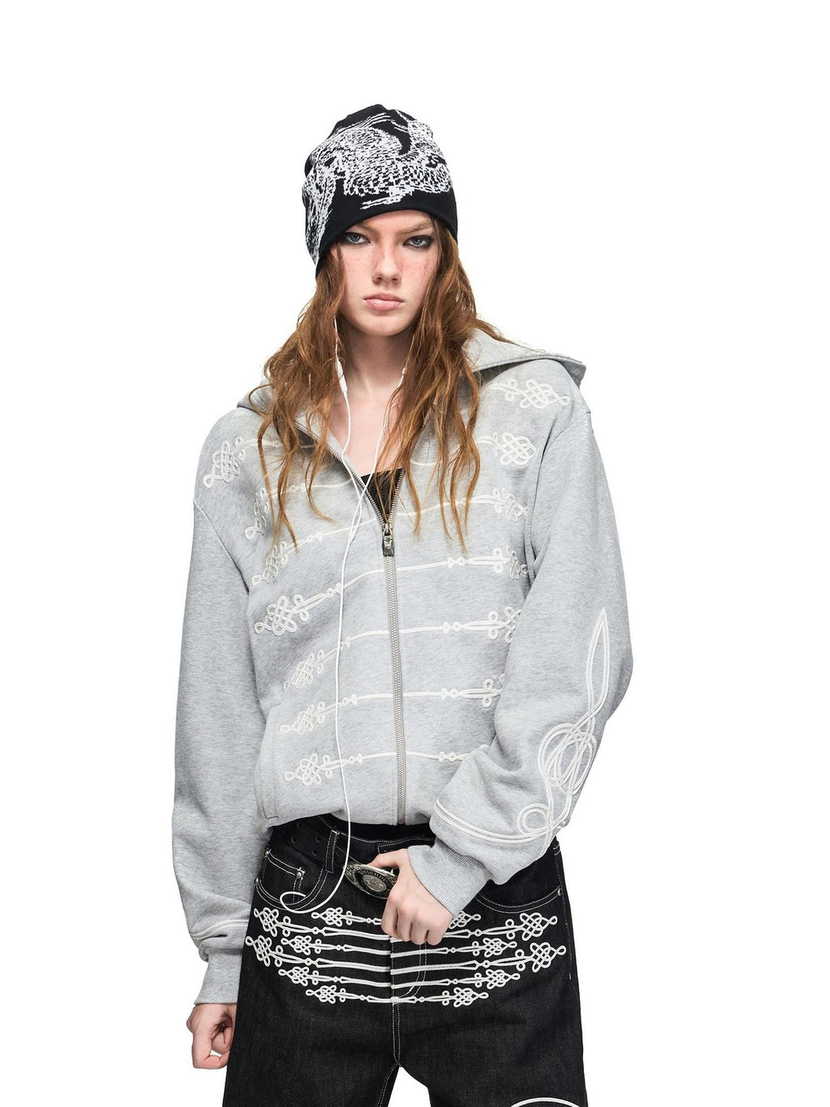 PEOPLESENSE Distressed Napoleon Chinese Knot Embroidery Slim Fit Women&