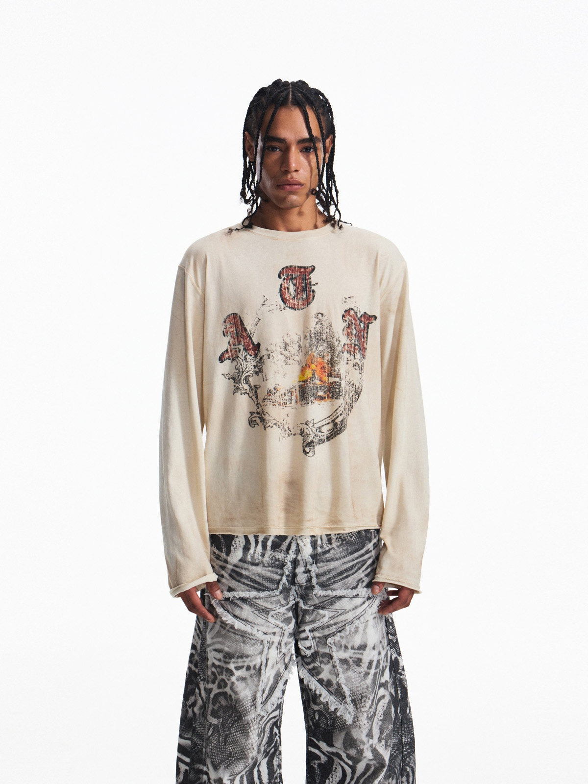 PEOPLESENSE_Distressed_Print_Loose_Long_Sleeve_Drop_Shoulder_Unisex_Beige_Cotton_T-Shirt_MISSTT