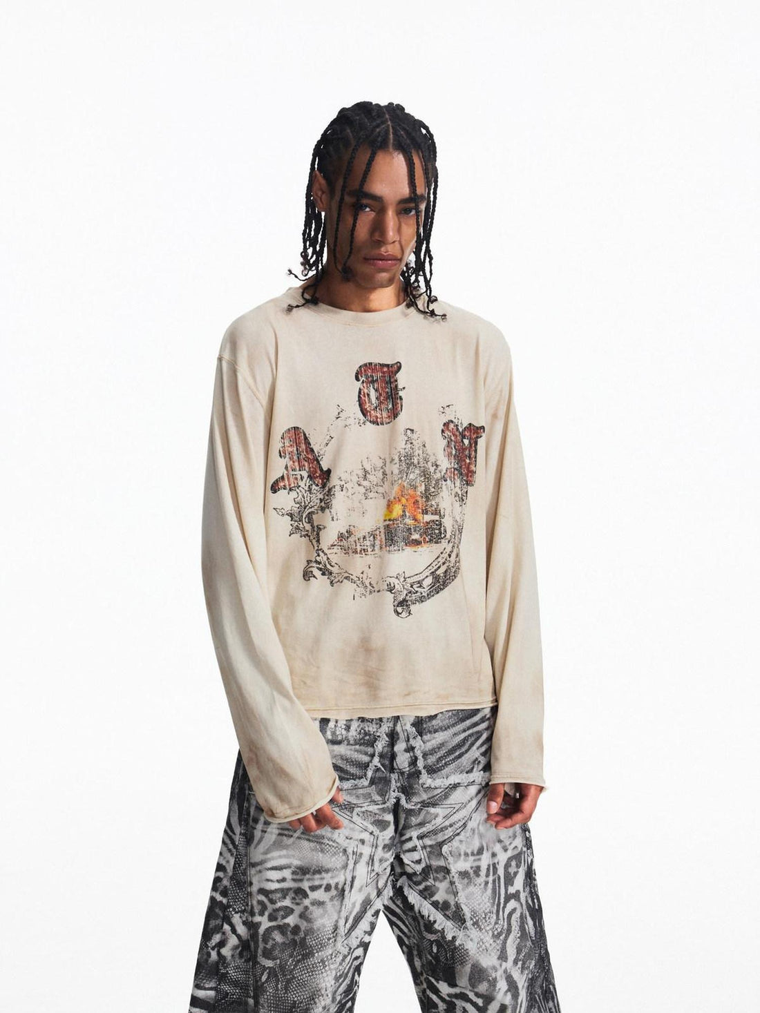 PEOPLESENSE Distressed Print Loose Long Sleeve Drop Shoulder Unisex Beige Cotton T-Shirt