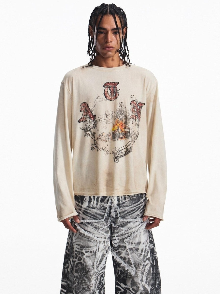 PEOPLESENSE Distressed Print Loose Long Sleeve Drop Shoulder Unisex Beige Cotton T-Shirt