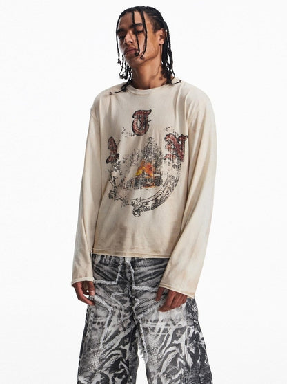 PEOPLESENSE Distressed Print Loose Long Sleeve Drop Shoulder Unisex Beige Cotton T-Shirt