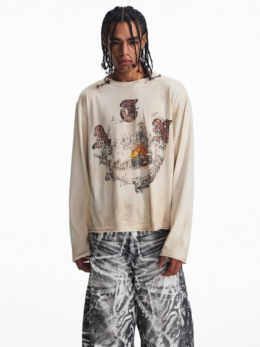 PEOPLESENSE Distressed Print Loose Long Sleeve Drop Shoulder Unisex Beige Cotton T-Shirt