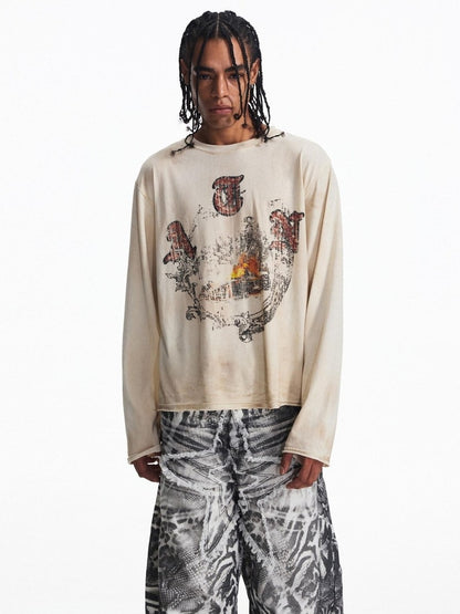 PEOPLESENSE Distressed Print Loose Long Sleeve Drop Shoulder Unisex Beige Cotton T-Shirt