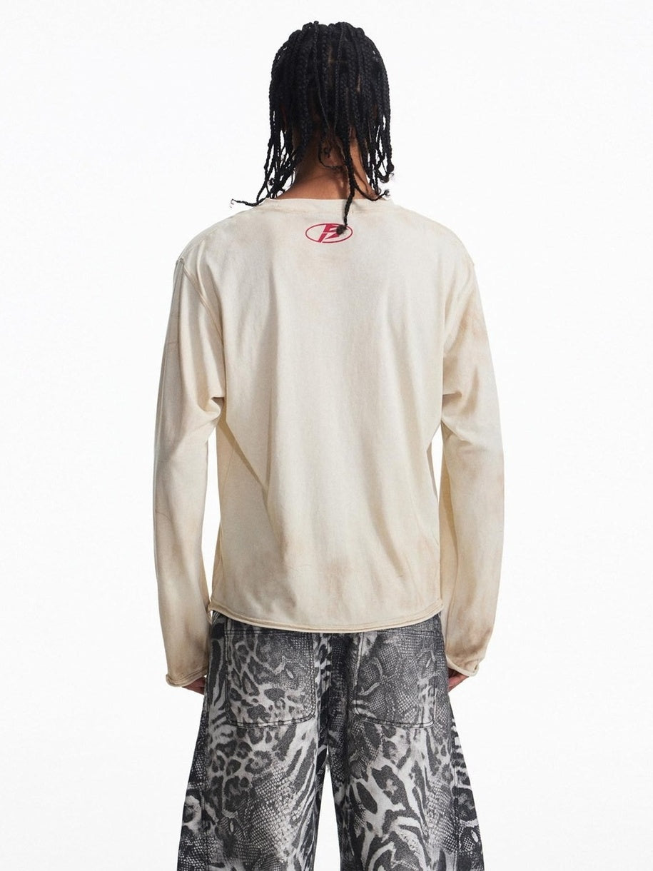 PEOPLESENSE Distressed Print Loose Long Sleeve Drop Shoulder Unisex Beige Cotton T-Shirt