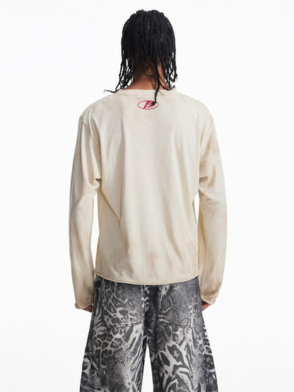 PEOPLESENSE Distressed Print Loose Long Sleeve Drop Shoulder Unisex Beige Cotton T-Shirt