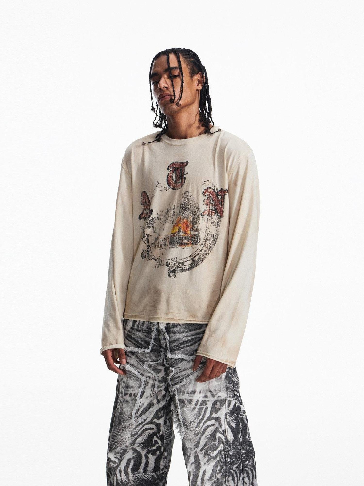 PEOPLESENSE Distressed Print Loose Long Sleeve Drop Shoulder Unisex Beige Cotton T-Shirt