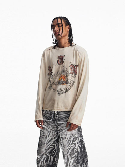 PEOPLESENSE Distressed Print Loose Long Sleeve Drop Shoulder Unisex Beige Cotton T-Shirt