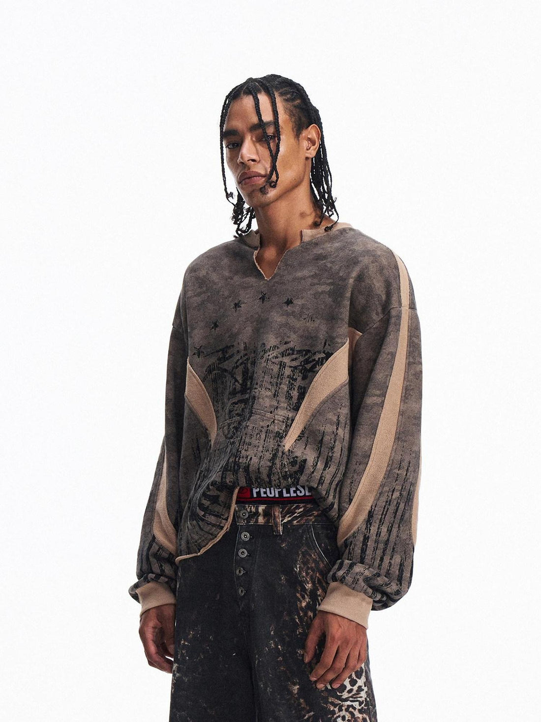 PEOPLESENSE Distressed Raw Hem Camo Loose Fit Crew Neck Unisex Cotton Long Sleeve T-Shirt