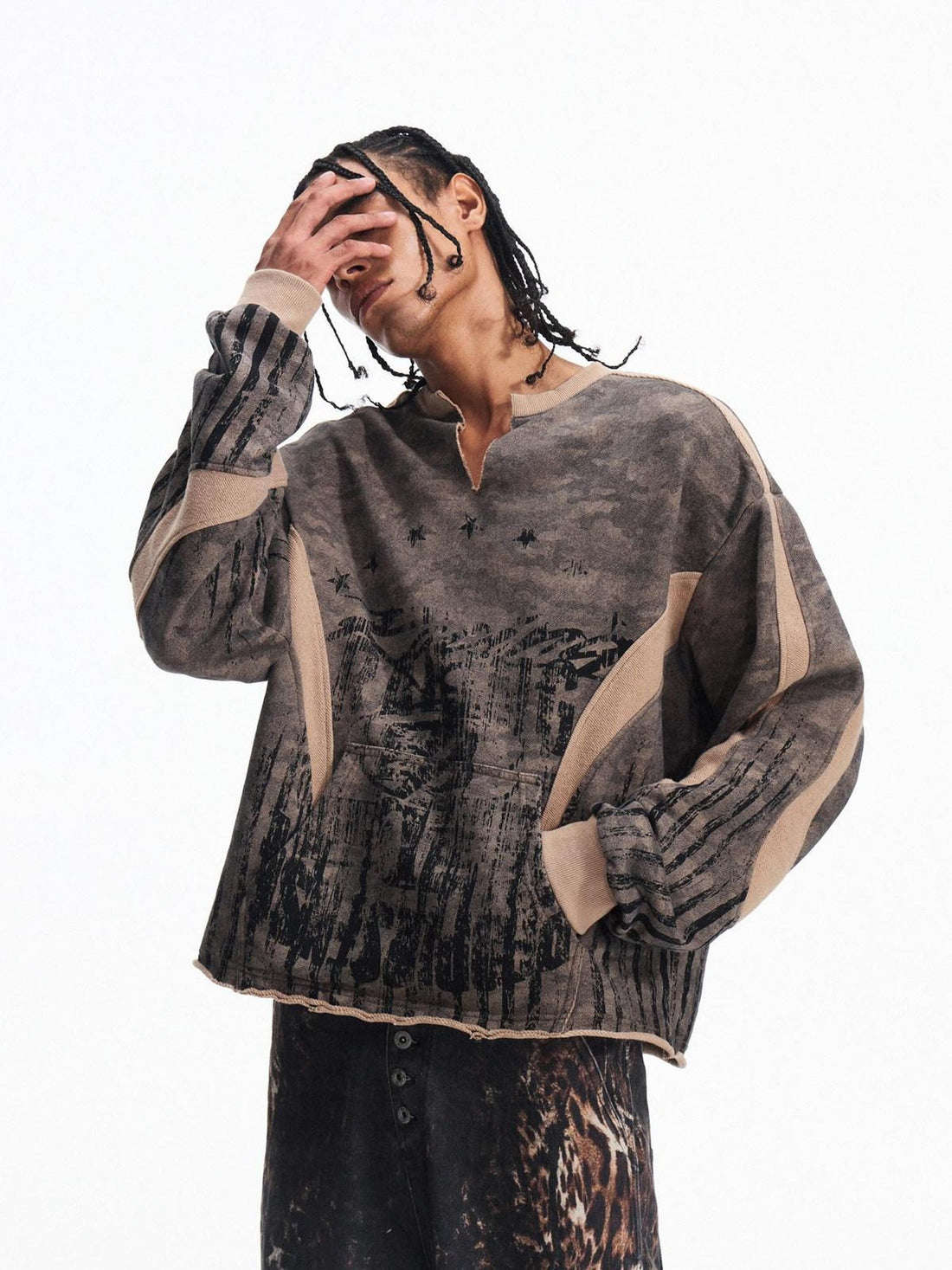 PEOPLESENSE Distressed Raw Hem Camo Loose Fit Crew Neck Unisex Cotton Long Sleeve T-Shirt