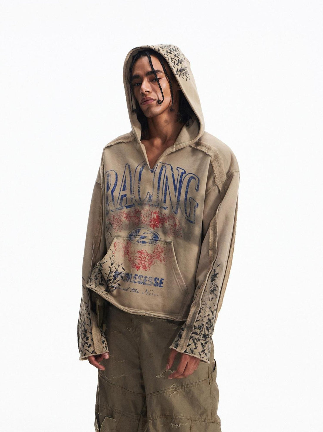 PEOPLESENSE Distressed Waterbased Print American Loose V-ceck Unisex Cotton Letter Hoodies
