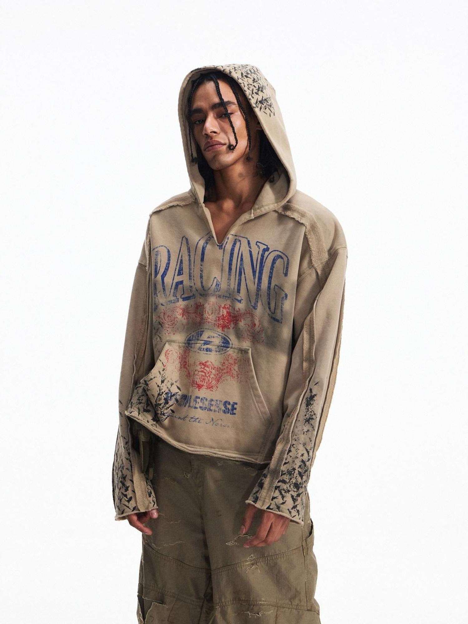 PEOPLESENSE Distressed Waterbased Print American Loose V-ceck Unisex Cotton Letter Hoodies