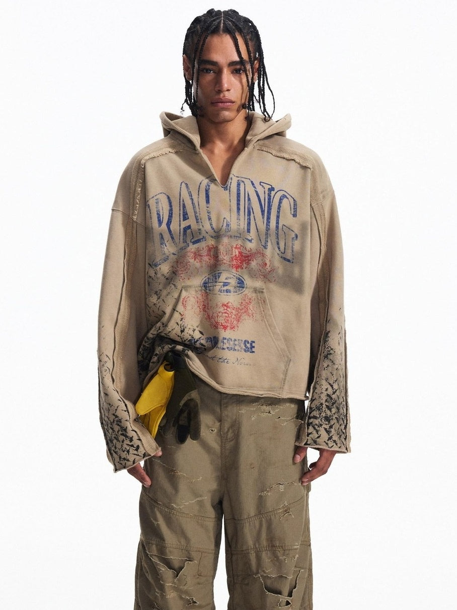 PEOPLESENSE Distressed Waterbased Print American Loose V-ceck Unisex Cotton Letter Hoodies