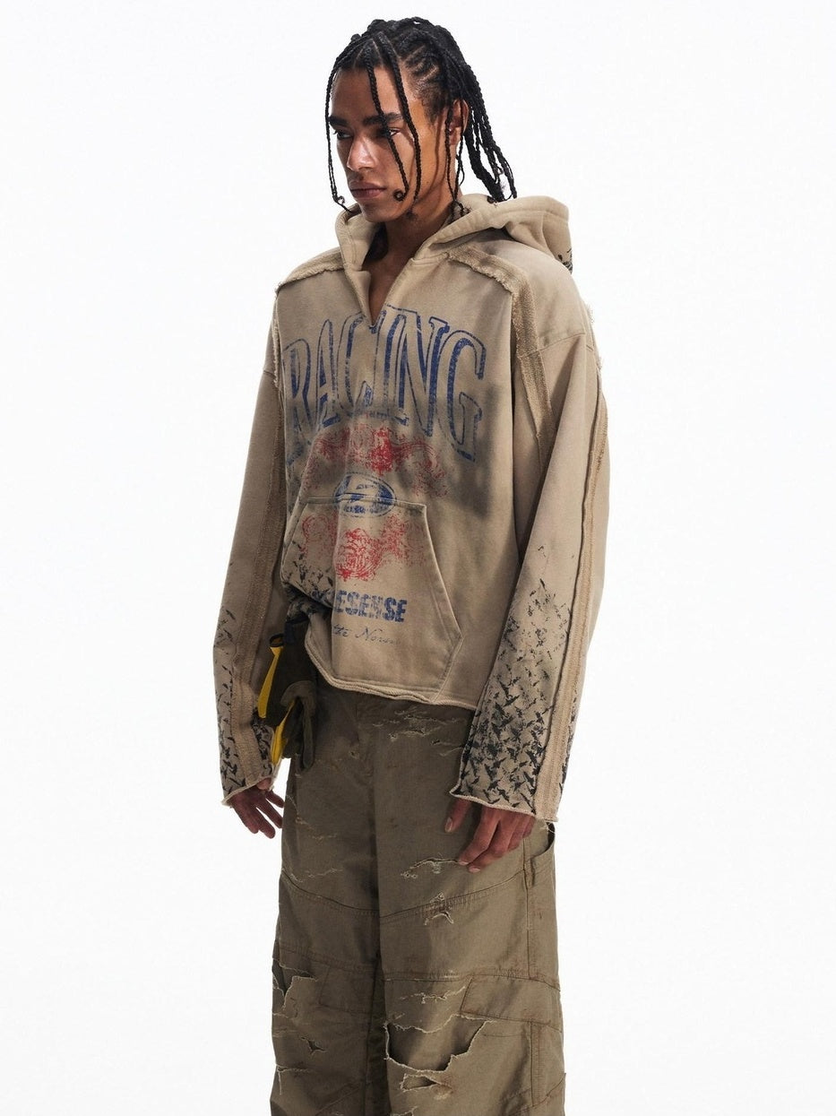 PEOPLESENSE Distressed Waterbased Print American Loose V-ceck Unisex Cotton Letter Hoodies