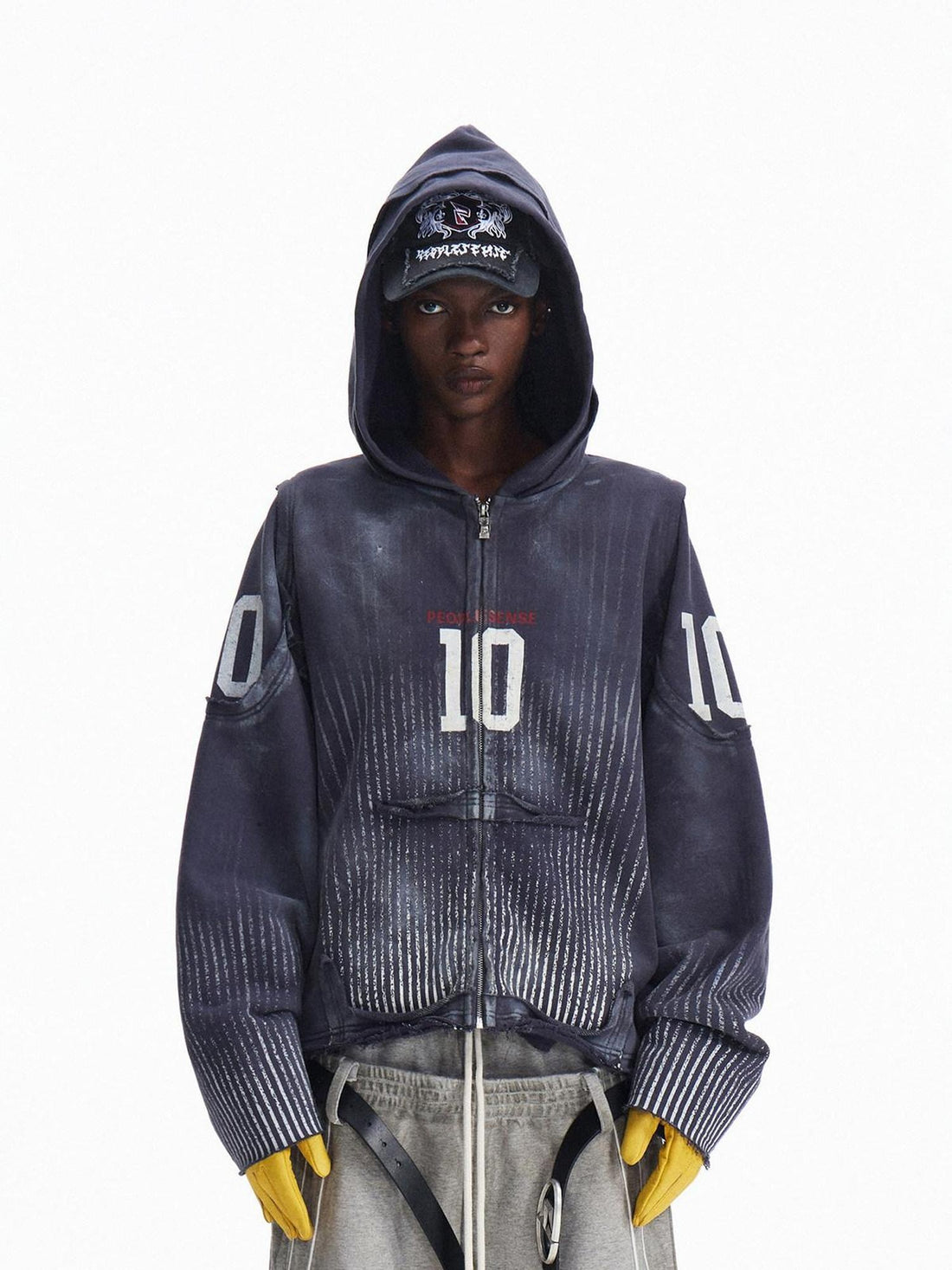 PEOPLESENSE Distressed Waterbased Print Loose Fit Unisex Cotton Blend Zip Up Navy Hoodies