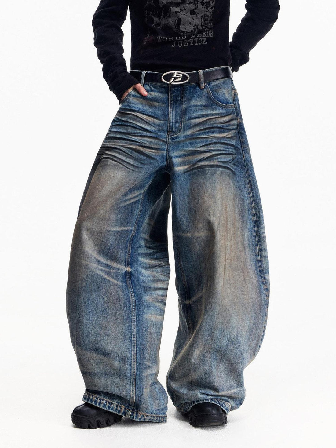 PEOPLESENSE Distressed Wide Leg Mid Rise American Casual Youth Durable Cotton Blue Jeans