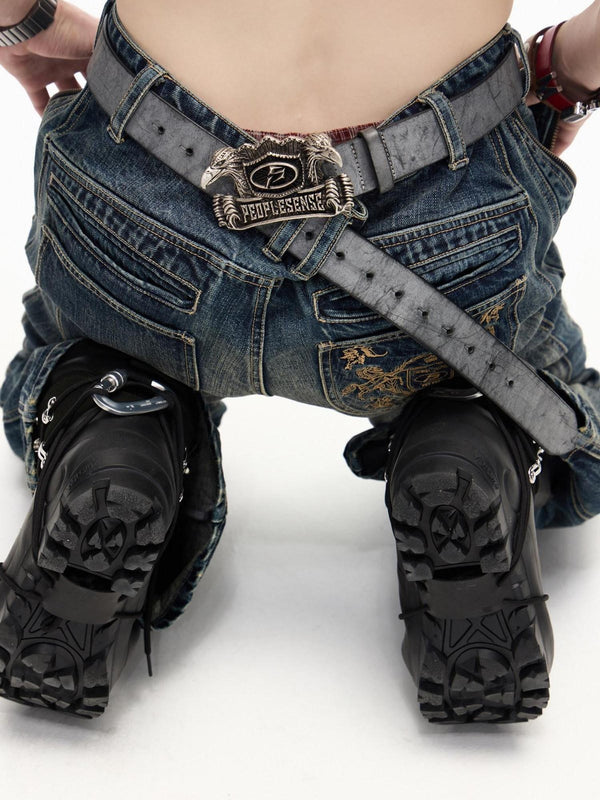 Double Head Eagle Distressed Lettered Spray Waxed Women'S Topgrain Leather Belts