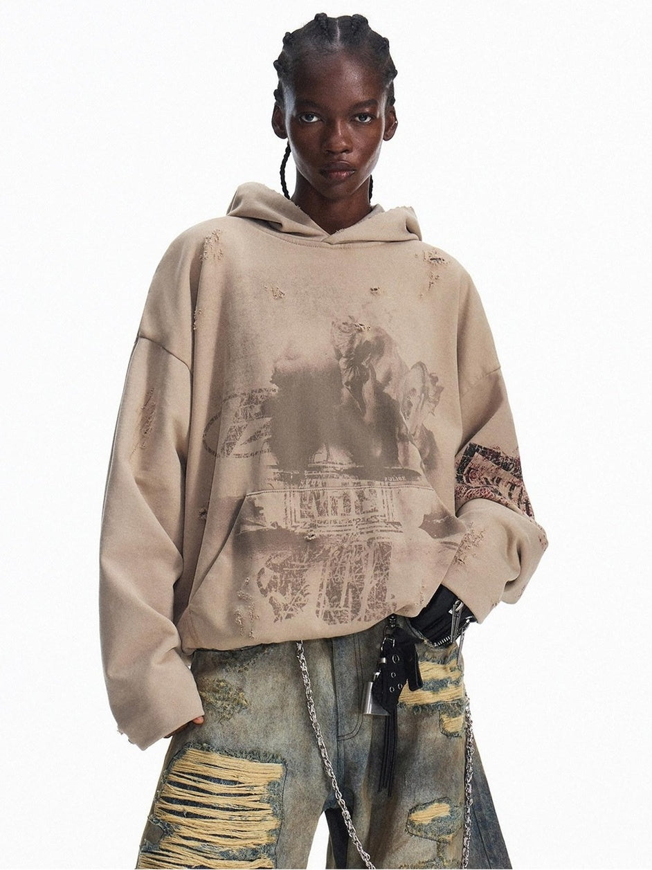 PEOPLESENSE Double Layer 100 Percent Cotton Loose Fit Printed Hooded Pullover Hoodies