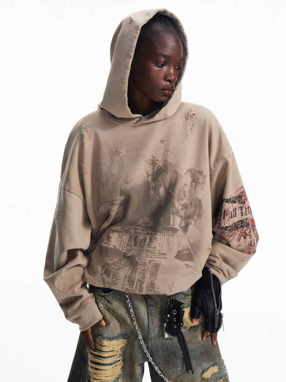 PEOPLESENSE Double Layer 100 Percent Cotton Loose Fit Printed Hooded Pullover Hoodies