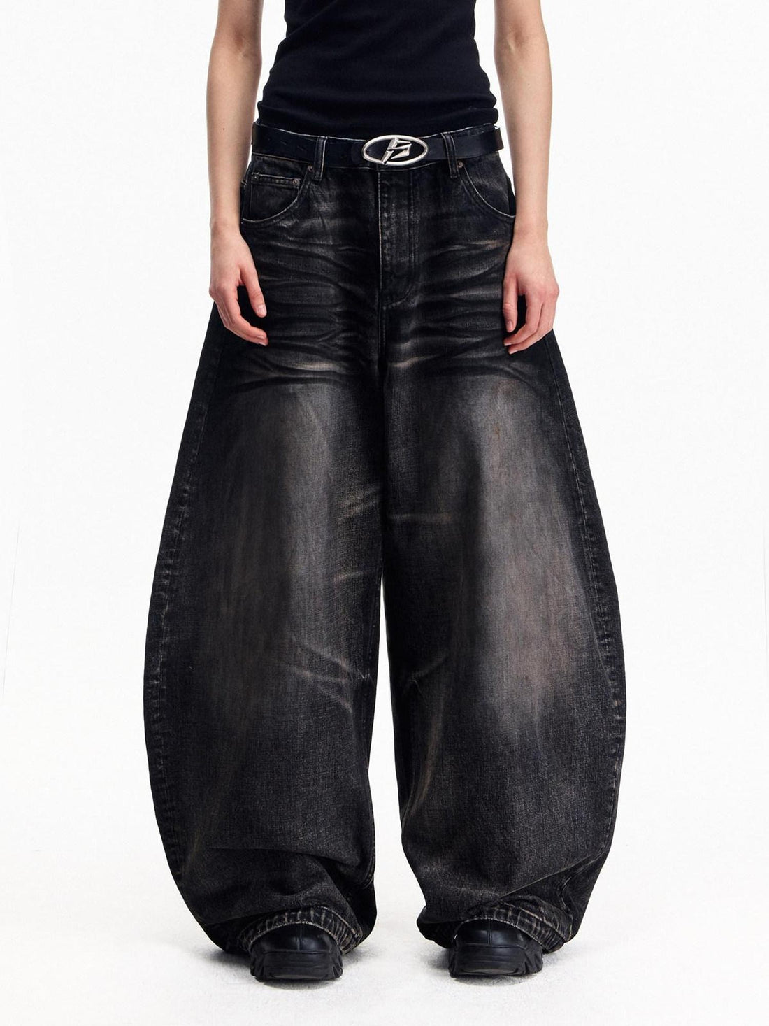 PEOPLESENSE Durable 100 Percent Cotton Distressed Mid Rise Wide Leg Black Zip Fly Jeans