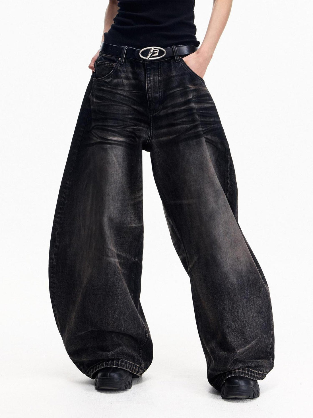 PEOPLESENSE Durable 100 Percent Cotton Distressed Mid Rise Wide Leg Black Zip Fly Jeans