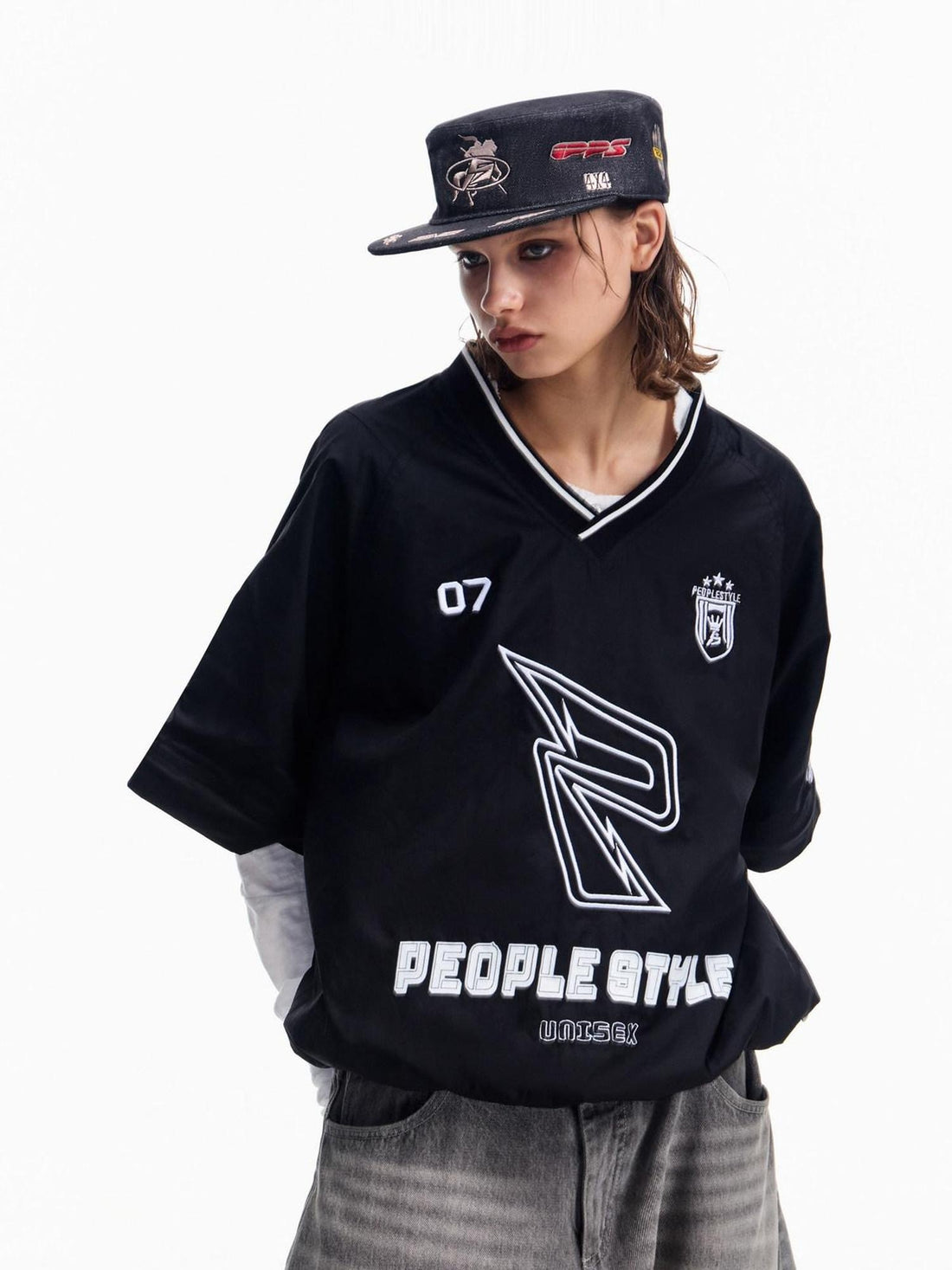 PEOPLESENSE Embroidered Brocade Loose V-ceck Zipper Long Sleeve Unisex Letter Street T-Shirt