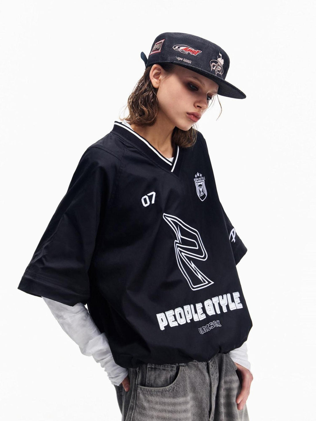 PEOPLESENSE Embroidered Brocade Loose V-ceck Zipper Long Sleeve Unisex Letter Street T-Shirt