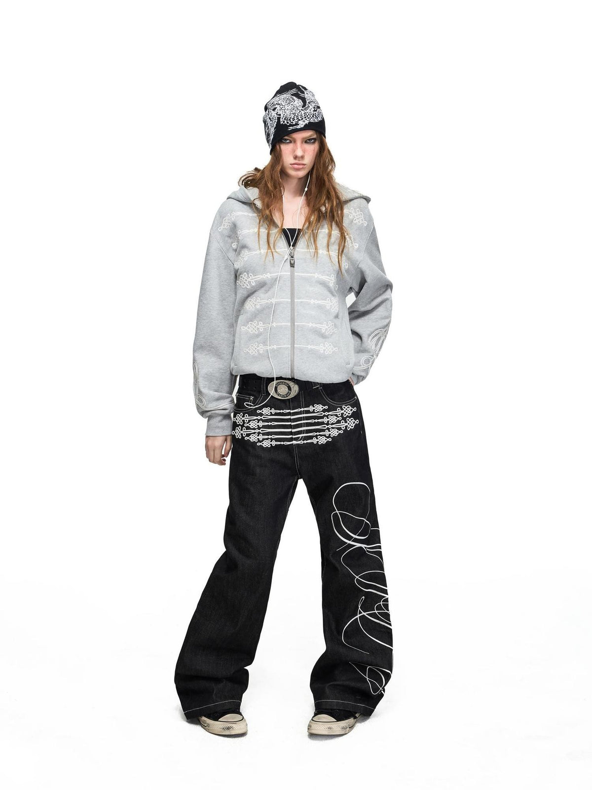 PEOPLESENSE Embroidered Chinese Knot Raw Denim Women&