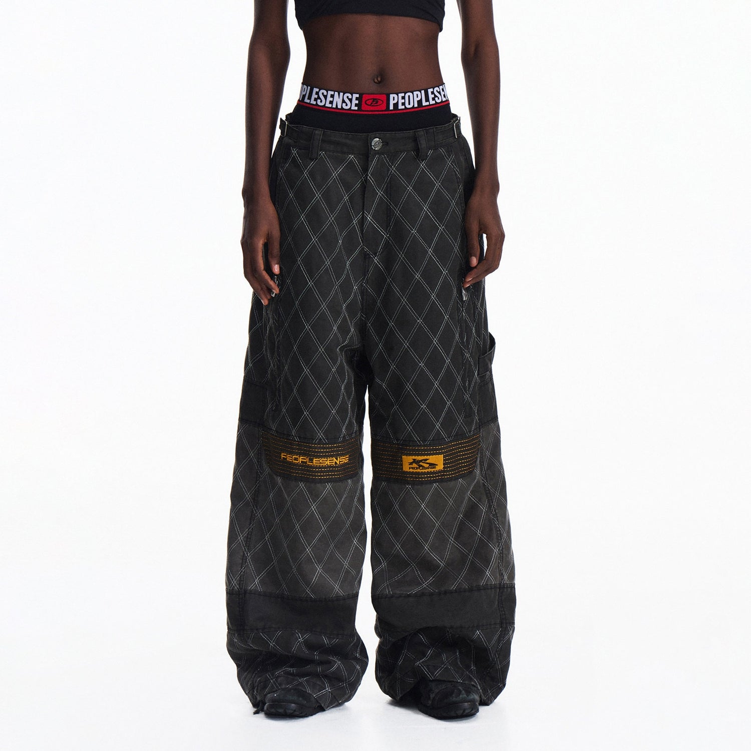 PEOPLESENSE_Embroidered_Distressed_Wide_Leg_Loose_Workwear_Black_Gray_Pants_MISSTT