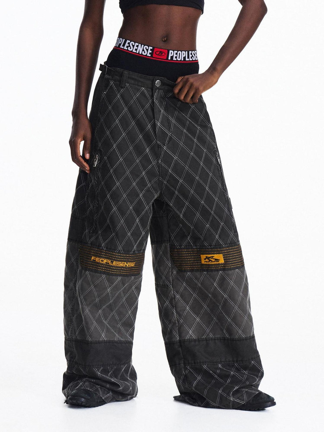 PEOPLESENSE Embroidered Distressed Wide Leg Loose Workwear Black Gray Pants