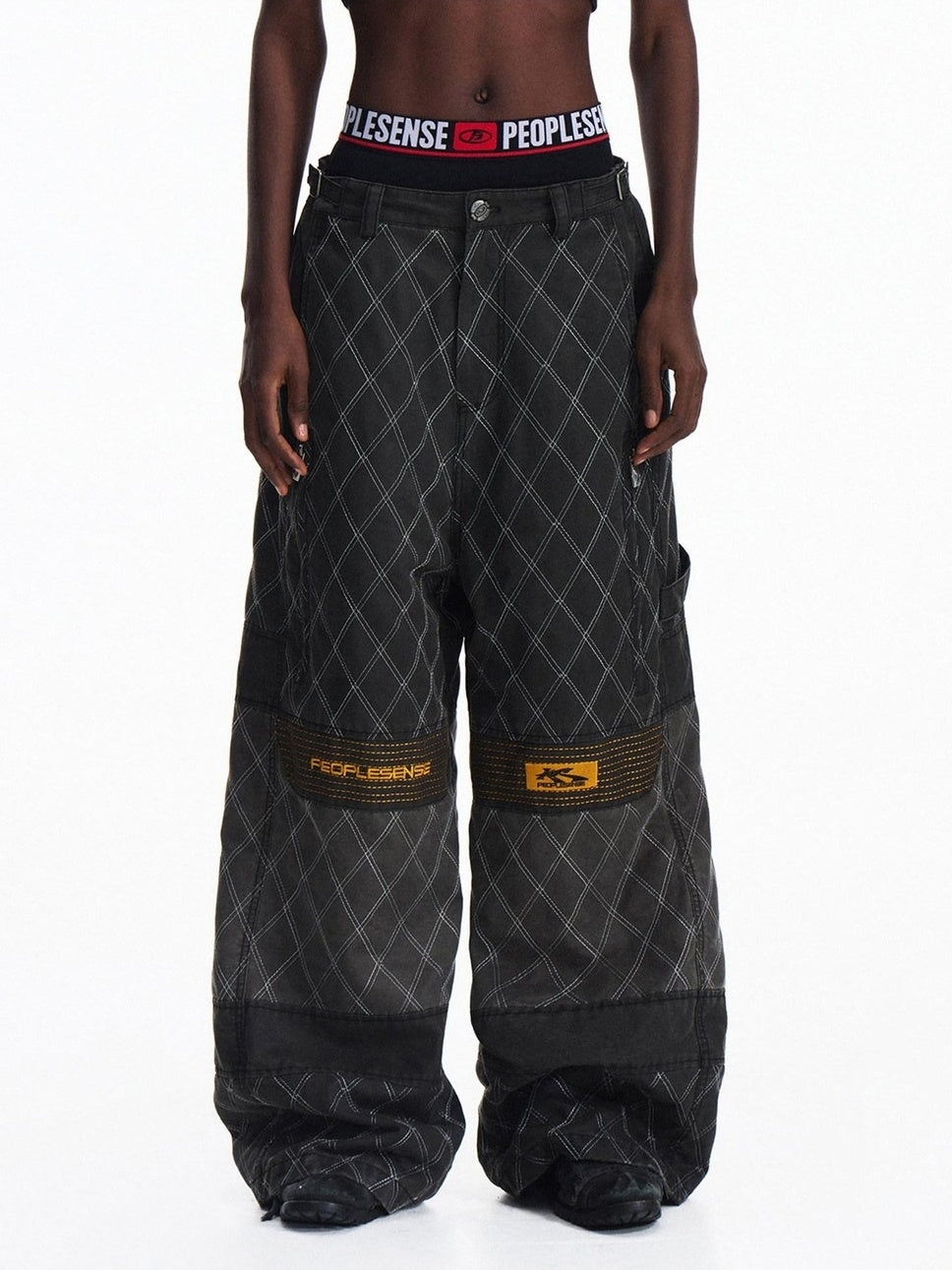 PEOPLESENSE Embroidered Distressed Wide Leg Loose Workwear Black Gray Pants