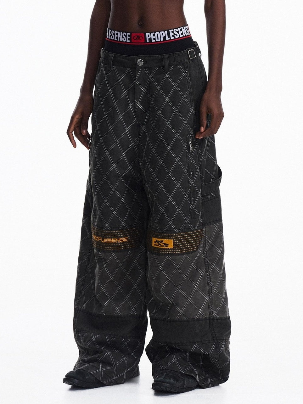 PEOPLESENSE Embroidered Distressed Wide Leg Loose Workwear Black Gray Pants