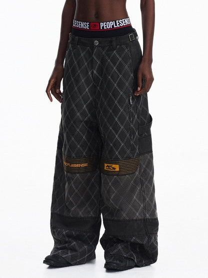 PEOPLESENSE Embroidered Distressed Wide Leg Loose Workwear Black Gray Pants