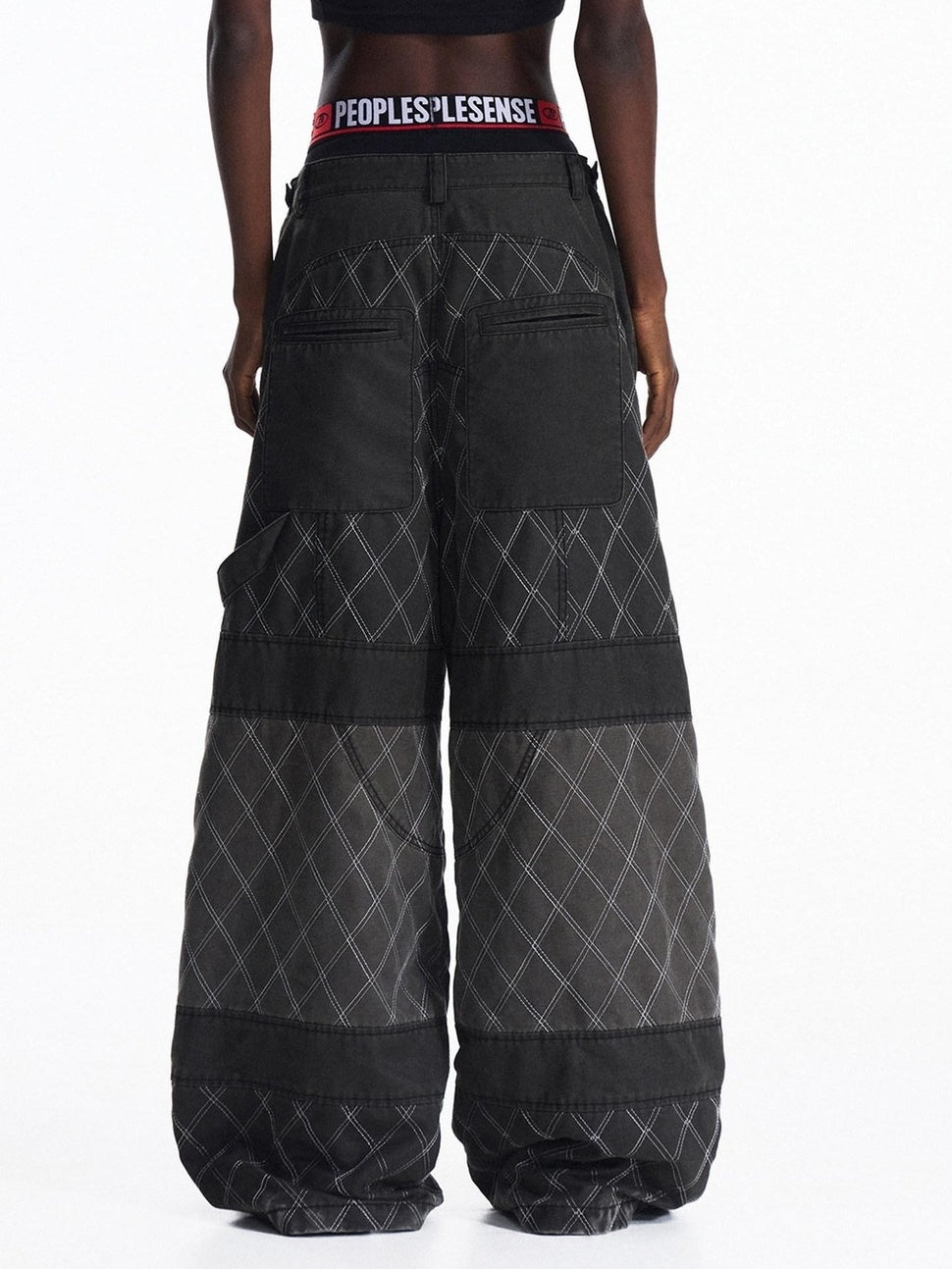 PEOPLESENSE Embroidered Distressed Wide Leg Loose Workwear Black Gray Pants