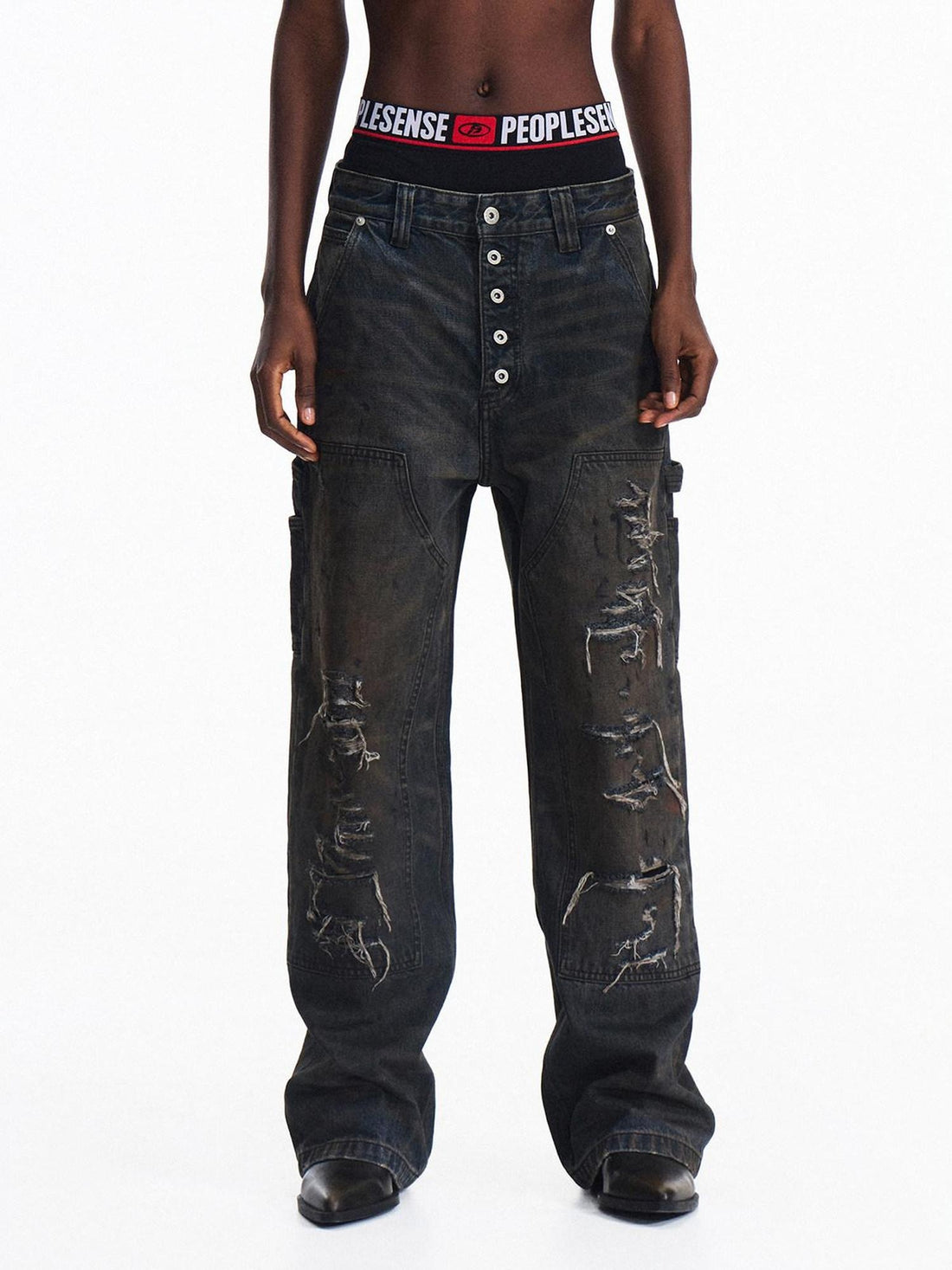 PEOPLESENSE Embroidered Vintage Washed High Waist Straight Leg Unisex Cotton Durable Jeans