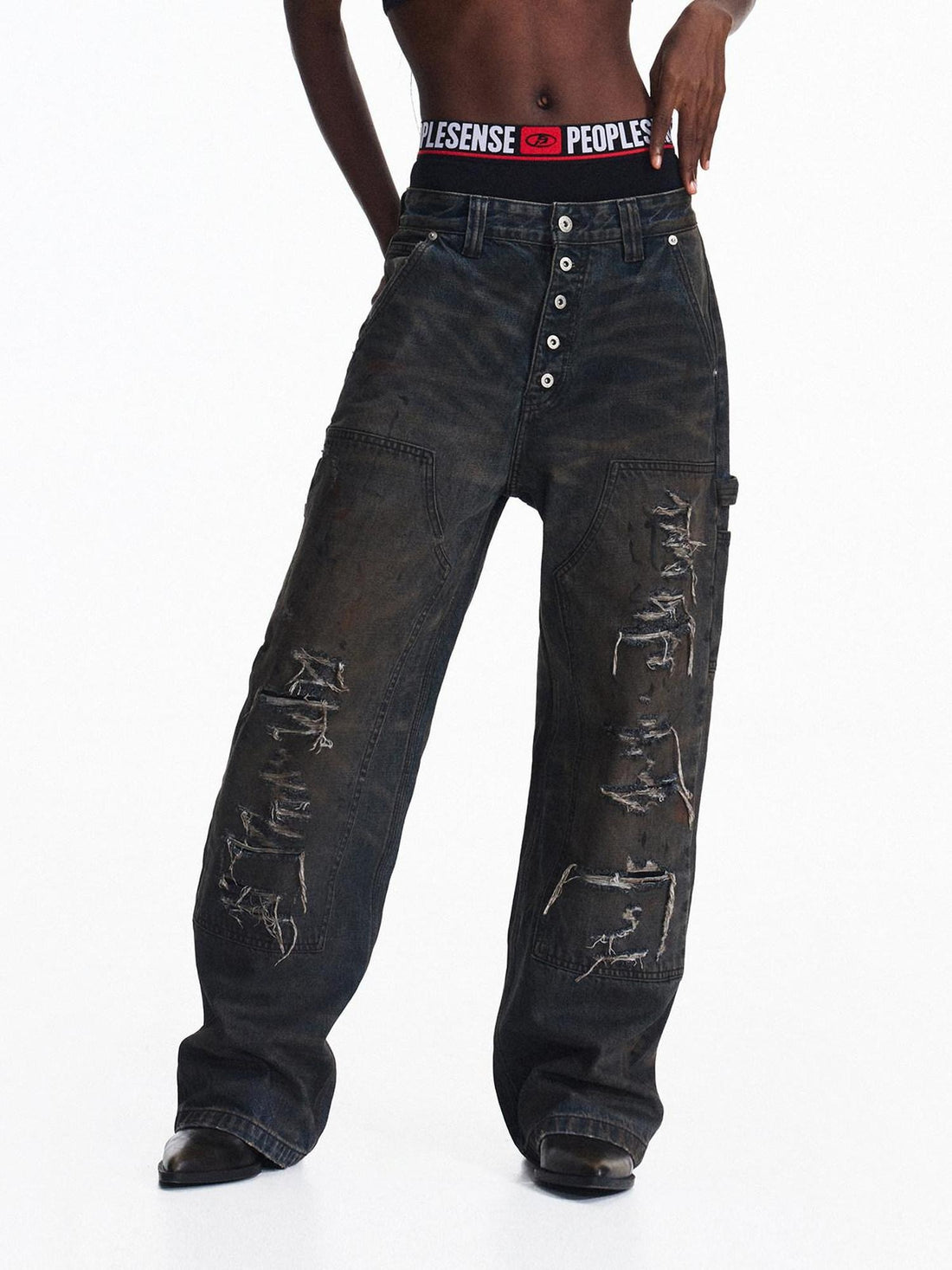 PEOPLESENSE Embroidered Vintage Washed High Waist Straight Leg Unisex Cotton Durable Jeans