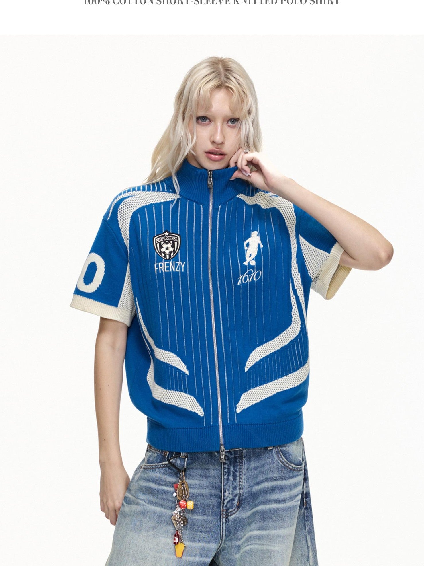 PEOPLESENSE F1 Racing Retro Football Mesh Zip Polo Knit Women&