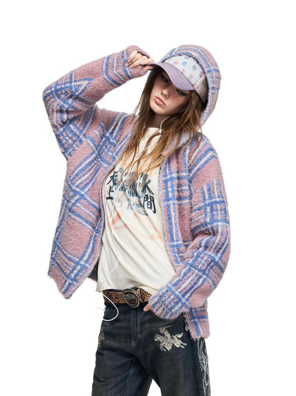 PEOPLESENSE Gradient Plaid Jacquard Hooded Loose Women&