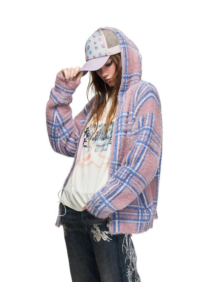 PEOPLESENSE Gradient Plaid Jacquard Hooded Loose Women&