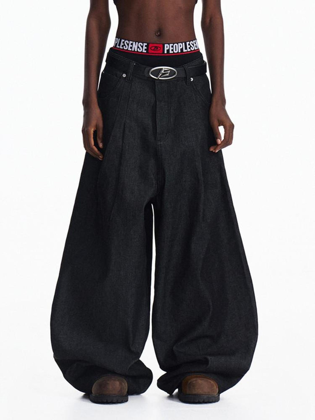 PEOPLESENSE High Waist Pleated Relaxed Fit Unisex Casual Black Cotton Denim Jeans