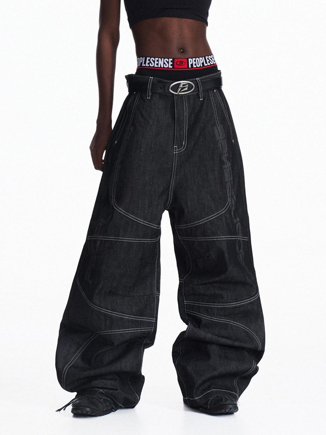 PEOPLESENSE Laser Engraved Patchwork Mid Rise Loose Utility Black 100 Percent Cotton Jeans