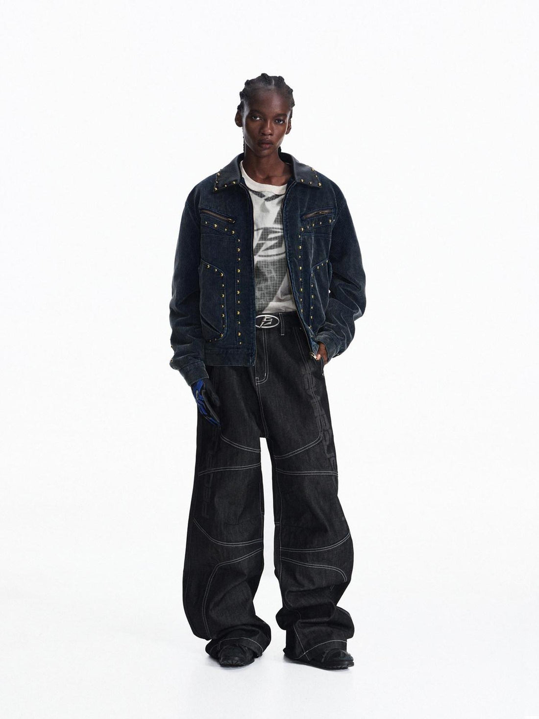 PEOPLESENSE Laser Engraved Patchwork Mid Rise Loose Utility Black 100 Percent Cotton Jeans