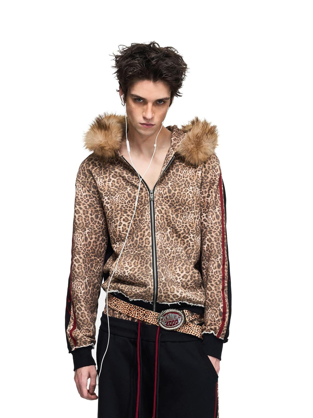 PEOPLESENSE Leopard Print Embroidered Faux Fur Trim Slim Fit Cropped Women&