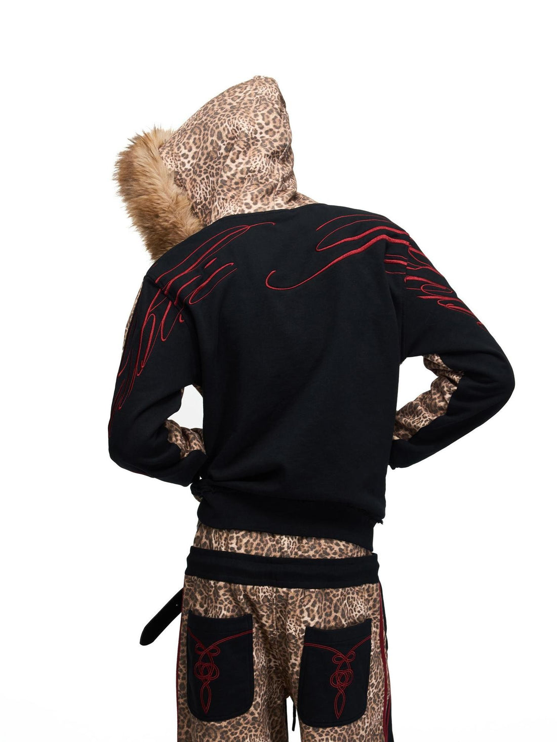 PEOPLESENSE Leopard Print Embroidered Faux Fur Trim Slim Fit Cropped Women&