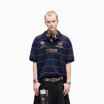 PEOPLESENSE_Navy_Striped_Badge_Print_Polo_Women&