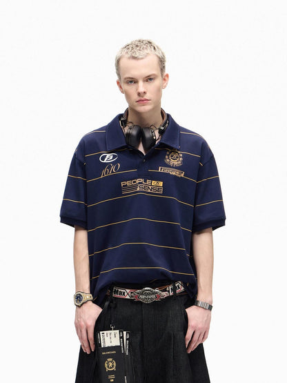 PEOPLESENSE Navy Striped Badge Print Polo Women&