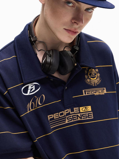 PEOPLESENSE Navy Striped Badge Print Polo Women&