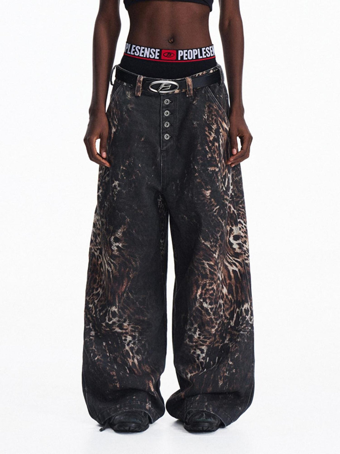 PEOPLESENSE Non Deforming Wide Fit Distressed Gradient Leopard Print Unisex Jeans