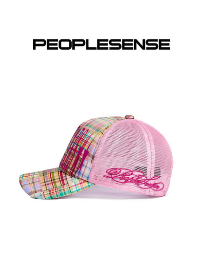 PEOPLESENSE Pink Plaid Flocking Print Embroidery Breathable Mesh Women&
